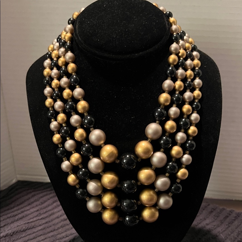Elegant Gold Silver and Black Beaded 4 Strand Necklace
